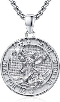 wholesale 925 Sterling Silver St Michael the Archangel Medal Necklace Pendant with Angel Design and Cross Element for Men Women  48cm Chain Length-11b-St Michael-White Gold-11b-St Michael-White Gold