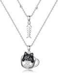 wholesale 925 Sterling Silver Layered Cat in Cup Fishbone Charm Necklace-0-0