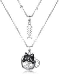 wholesale 925 Sterling Silver Layered Cat in Cup Fishbone Charm Necklace-Classic