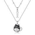 wholesale 925 Sterling Silver Layered Cat in Cup Fishbone Charm Necklace-0-0