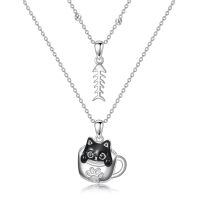 wholesale 925 Sterling Silver Layered Cat in Cup Fishbone Charm Necklace-Classic