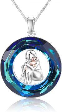 wholesale 925 Sterling Silver Blue Crystal Cat Lovers Pendant Necklace for Women Girls -Cat Lover Necklace with Blue Circle Crystal