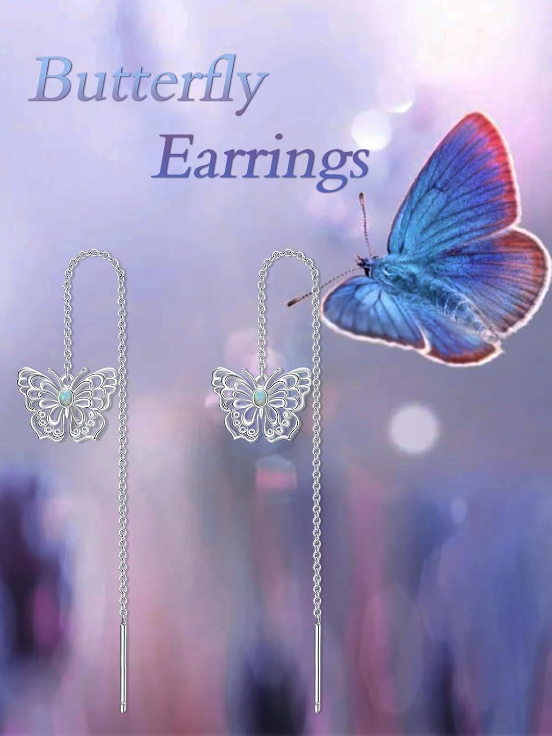 925 Sterling Silver Butterfly Opal Long Chain Drop Threader Earrings for Women-0-1