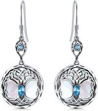 wholesale Sterling Silver Birthstone Celtic Tree of Life Dangle Earrings-White Shell