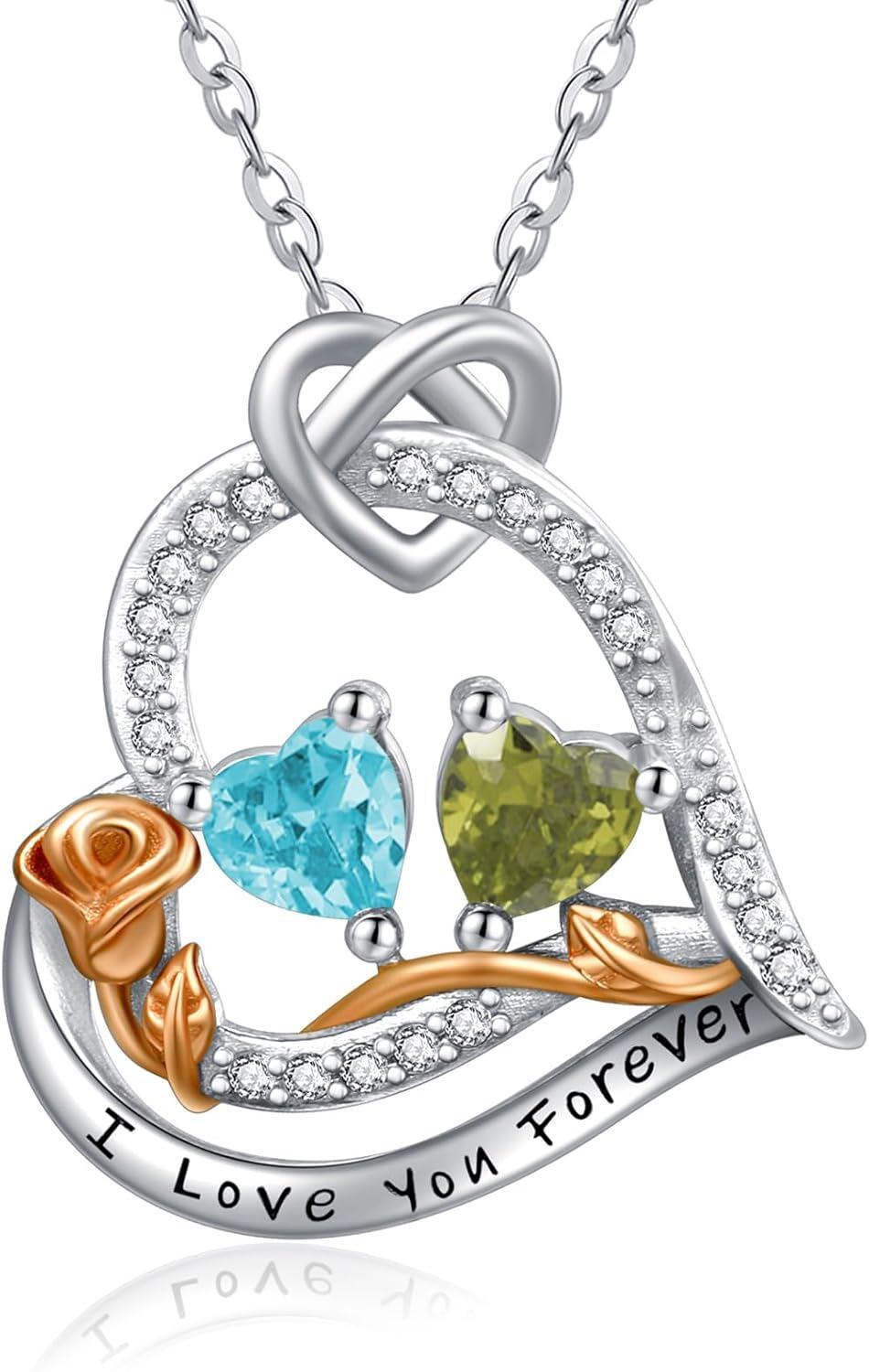  Sterling Silver 2 Birthstones Rose Heart Necklace for Women -03-08-Mar-Aug