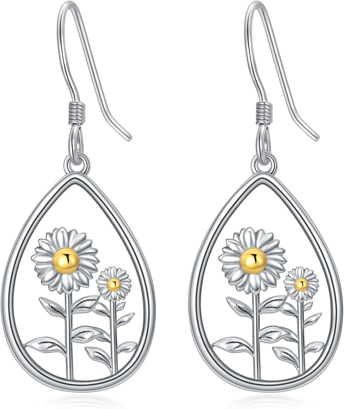 Sterling Silver Snowflake Daisies Sunflower Comedy Tragedy Mask Opera Mask Hummingbird Black Cat Dangle Earrings for Women-Daisies