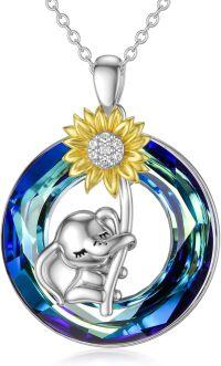 wholesale 925 Sterling Silver Sunflower & Elephant Pendant Necklaces for Women - Rainbow Crystal Birthstone Gift Ideas-A01-Blue Crystal