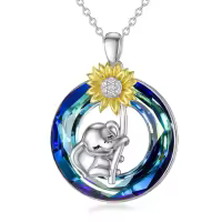 wholesale 925 Sterling Silver Sunflower & Elephant Pendant Necklaces for Women - Rainbow Crystal Birthstone Gift Ideas-A01-Blue Crystal