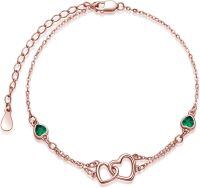 wholesale Sterling Silver Cubic Zirconia Double Heart Chain Jewelry for Women-05 May - Emerald-Rose Gold-Bracelet 7''-9''