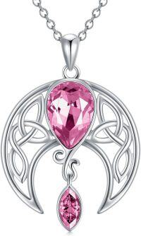 wholesale Sterling Silver Birthstone Crystal Celtic Moon Goddess Pendant-10_ Pink