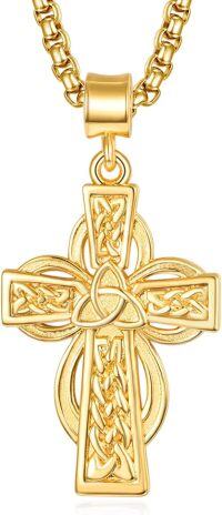 wholesale Gold 925 Sterling Silver Celtic Cross Pendant on Rolo Chain - Irish Knot Protection Jewelry for Men (24) -Celtic Cross-A (Gold)