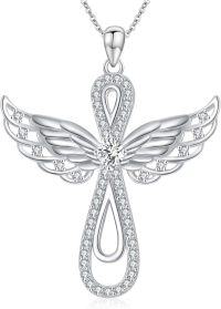 wholesale 925 Sterling Silver with 14k Gold Plating and Moissanite Angel Wing Cross Pendant Necklace - 18+2 inch Chain Length-C Angel Necklace
