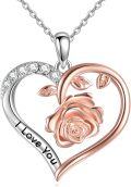 wholesale 925 Sterling Silver Rose Flower Heart Pendant Necklace with Cubic Zirconia and Engraved I Love You for Women-0-0