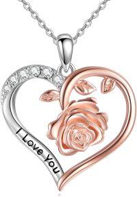 wholesale 925 Sterling Silver Rose Flower Heart Pendant Necklace with Cubic Zirconia and Engraved I Love You for Women-Rose Flower