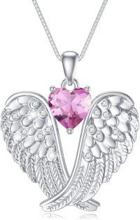 wholesale 925 Sterling Silver Birthstone Angel Wings Pendant Necklace for Women Christmas Gift-10-Oct-Pink