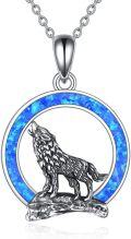 wholesale 925 Sterling Silver Blue Fire Opal Howling Wolf Pendant Necklace Gifts for Men & Women 18 + Extender Chain-0-0