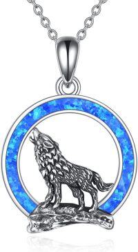 wholesale 925 Sterling Silver Blue Fire Opal Howling Wolf Pendant Necklace Gifts for Men & Women 18 + Extender Chain-Wolf Necklace with Blue Opal