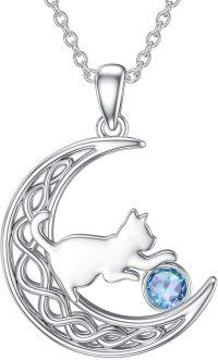 wholesale Sterling Silver Birthstone Cat in Moon Pendant Necklace for Women-March