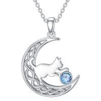 wholesale 925 Sterling Silver Cat And Moon Necklace Wholesale With Ruby Charm-March
