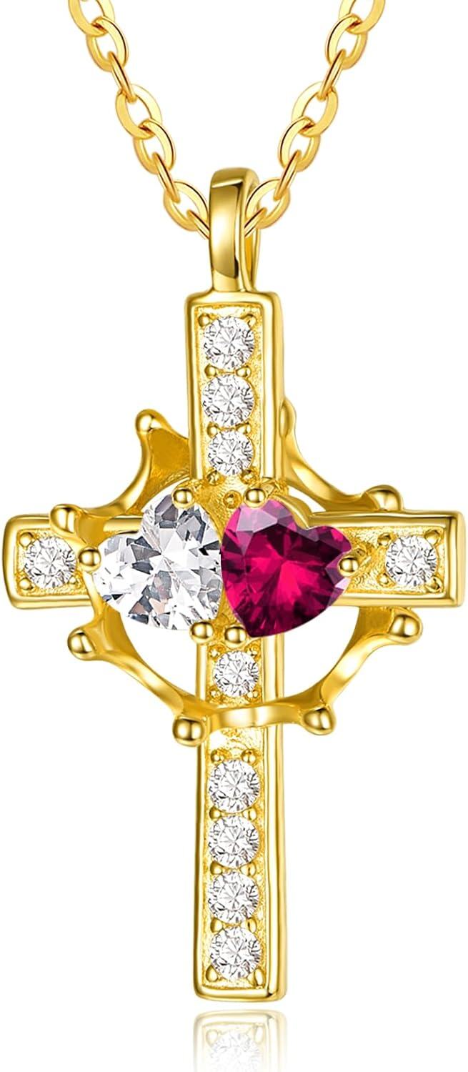 Sterling Silver Birthstones Gold Cross Necklace for Women -04-07-Apr-Jul-04-07-Apr-Jul