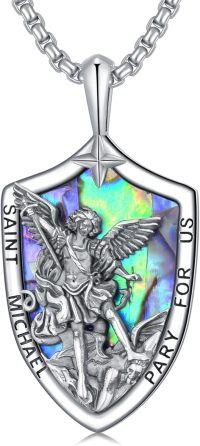 wholesale 925 Sterling Silver Saint Michael Shield Opal Pendant Necklace  for Men Women Catholic Christian Gifts Jewelry 47cm Chain Length-01-St michael Shield