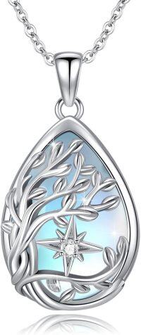 wholesale 925 Sterling Silver Teardrop Moonstone Tree of Life Pendant Necklace with Star Charm - Family s for Women-(01-Star