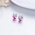 wholesale 925 Sterling Silver Cute Cat Hugging Pink Heart Crystal Stud Earrings-0-2