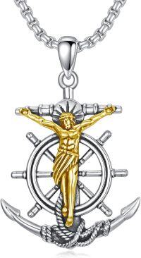 wholesale 925 Sterling Silver Anchor Cross Pendant Necklace with Jesus Christ and Ship Wheel Design - Religious Christian  for Women & Men-Crucifix-1