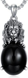 wholesale 925 Sterling Silver Genuine Black Onyx Lion Head Pendant Necklace for Men-0-0