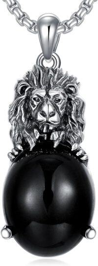 wholesale 925 Sterling Silver Genuine Black Onyx Lion Head Pendant Necklace for Men-Lion