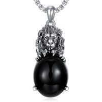 wholesale 925 Sterling Silver Lion Head Black Onyx Pendant Necklace For Men-Lion