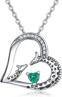 wholesale Sterling Silver Giraffe Birthstone Heart Pendant Necklace-05-May-Lab Created Emerald
