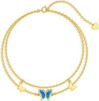 wholesale 14K Gold Chain with Blue Opal Butterfly Charm Ankle Anklets for Women and Girls (Length: Adjustable)-Butterfly-blue opal
