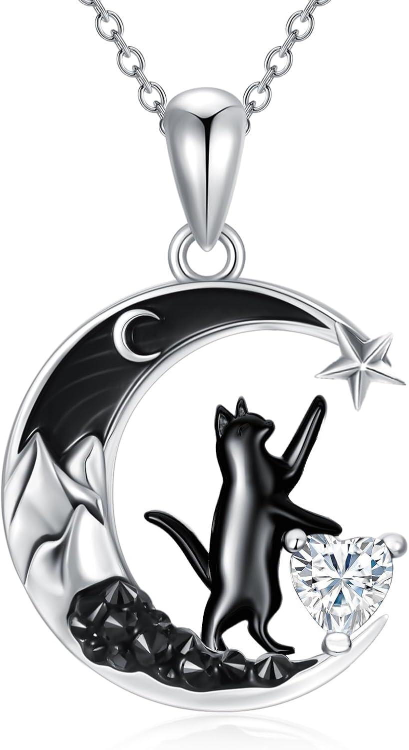 925 Sterling Silver Black Cat Necklace with Heart Birthstone Crescent Moon Star Pendant Gothic Jewelry Gift for Women Wife Cat Lover-0-0
