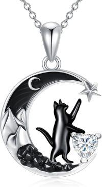 wholesale 925 Sterling Silver Black Cat Necklace with Heart Birthstone Crescent Moon Star Pendant Gothic Jewelry Gift for Women Wife Cat Lover-04-Apri-White