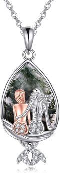 wholesale 925 Sterling Silver Green Moss Agate Mermaid Pendant Necklace Sisiter Gifts for Women-0-0