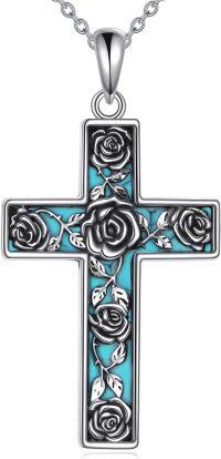 wholesale 925 Sterling Silver Turquoise Rose Cross Pendant Necklace for Men & Women-Flower Cross