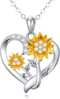 wholesale 14K White Gold CZ Sunflower Heart Pendant Necklace - Adjustable Chain Length (16-18)-Style-3