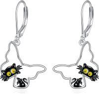 wholesale 925 Sterling Silver Black Cat & Mouse Drop Earrings Leverback - Cute Animal Jewelry for Women and Girls-Butterfly