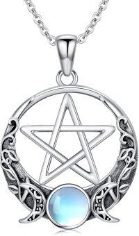 wholesale 925 Sterling Silver Triquetra & Crescent Moons Necklace with Blue Stone for Women's Gothic Witchcraft Jewelry-Pentagram