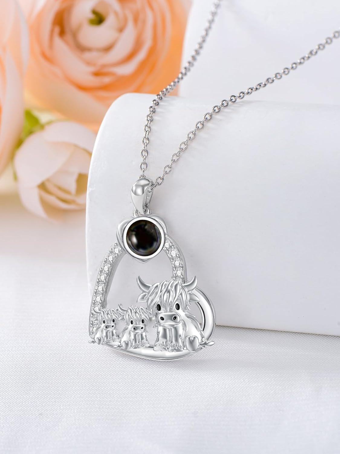 wholesale 925 Sterling Silver Black Agate Highland Cow Family Heart Necklace Scottish s for Women Girls-0-2