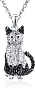 wholesale 925 Sterling Silver Black and White Crystal Cat Pendant Necklace for Women-0-0