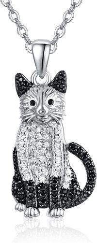 wholesale 925 Sterling Silver Black and White Crystal Cat Pendant Necklace for Women-Siamese Cat