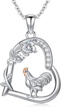 wholesale 925 Sterling Silver Rooster in Heart Shape Pendant Necklace with Cubic Zirconia Stones - Cute  for Women Girlfriends Moms-Chicken