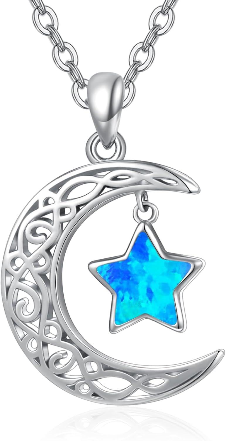 Sterling Silver Moon Star Necklace Celestial Pendant for Women-Blue Opal Moon Star