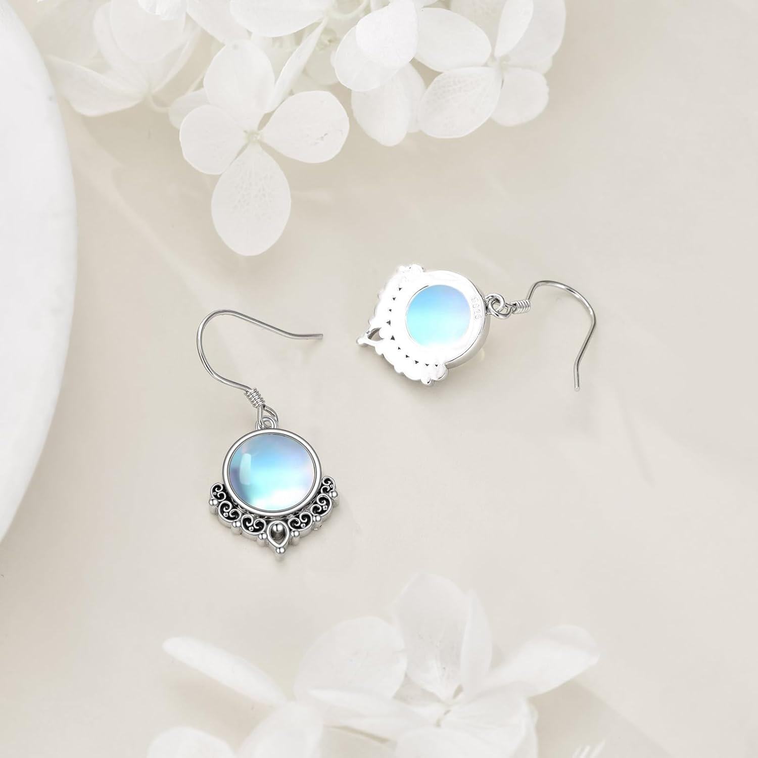 925 Sterling Silver Moonstone Triquetra Celtic Knot Leverback Dangle Earrings-0-4