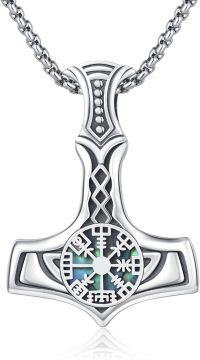 wholesale 925 Sterling Silver with Abalone Shell Viking Mjolnir Pendant Necklace for Men-Vegvisir