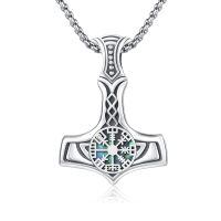 wholesale 925 Sterling Silver Oxidized Thor Hammer Mjolnir Vegvisir Abalone Shell Pendant Necklace-Vegvisir