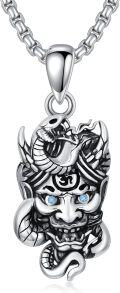 wholesale 925 Sterling Silver Protection Pendant with Demon Mask and Snake Charm on 3mm Box Chain - For Men & Women-0-0