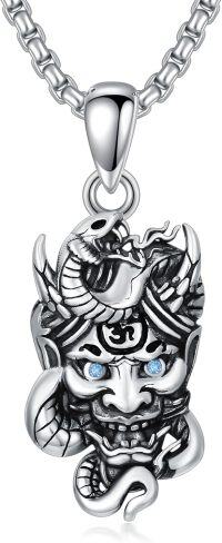 wholesale 925 Sterling Silver Protection Pendant with Demon Mask and Snake Charm on 3mm Box Chain - For Men & Women-Hannya Mask